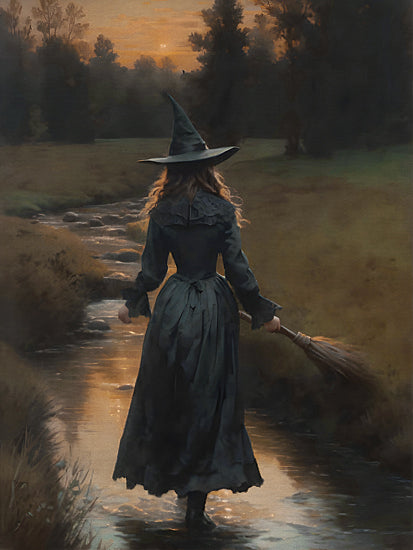 Jo Moulton JO121 - JO121 - No Trace - 12x16 witch walking by creek, broomstick, sunset landscape, autumn field, fantasy figure, moody painterly, halloween vibe, path by water from Penny Lane
