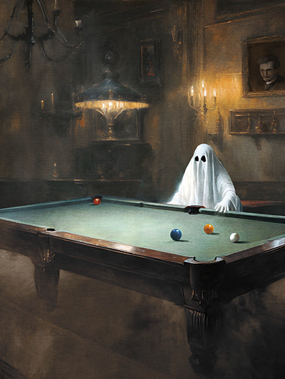 Jo Moulton JO138 - JO138 - Bool - 12x16 ghost playing pool, billiards table, humorous halloween, spooky bar interior, vintage moody lighting, whimsical ghost, game room scene from Penny Lane