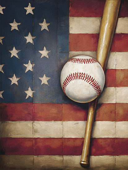 Jo Moulton JO145 - JO145 - Uniquely American - 12x16 baseball and bat on American flag, patriotic sports art, vintage baseball decor, Americana still life, rustic athletic wall art, stars and stripes background, classic bat and ball, sports themed painting, masculine game room art, textured painterly style from Penny Lane