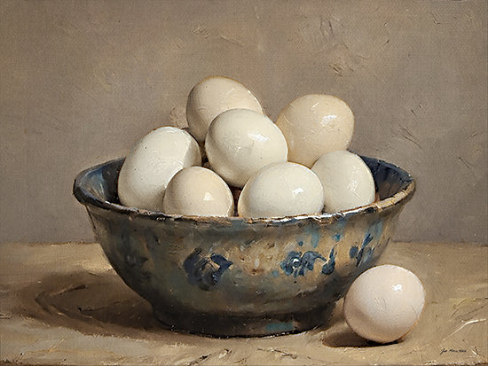 Jo Moulton JO265 - JO265 - Farmhouse Eggs - 16x12 storybook cottage, white flowering shrubs, charming front porch, romantic house portrait, soft neutral palette, cottage garden, quaint home exterior, dreamy countryside residence, elegant landscaping, painterly architecture, cottagecore decor, peaceful homestead, feminine country home scene, welcoming entryway from Penny Lane