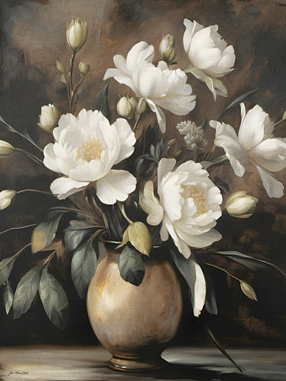 Jo Moulton JO292 - JO292 - Cottage Peonies - 12x16 white peonies, floral arrangement, cream blossoms, buds and greenery, vase of flowers, romantic still life, dark brown background, painterly texture, soft neutral palette, feminine botanical decor, vintage floral art, elegant bouquet, cottage style, delicate petals, classic flower painting, warm shadows from Penny Lane
