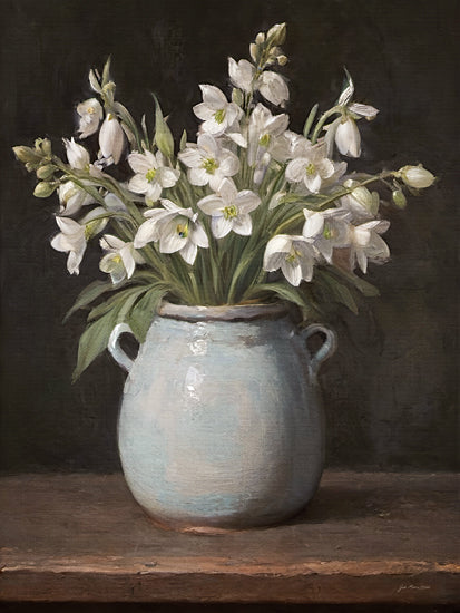 Jo Moulton JO316 - JO316 - Fresh Blooms - 12x16 white flowers, snowdrops, spring bouquet, floral still life, rustic pottery, blue ceramic vase, farmhouse decor, soft painterly style, moody background, neutral tones, botanical art, delicate petals, vintage still life, tabletop arrangement, cottagecore from Penny Lane