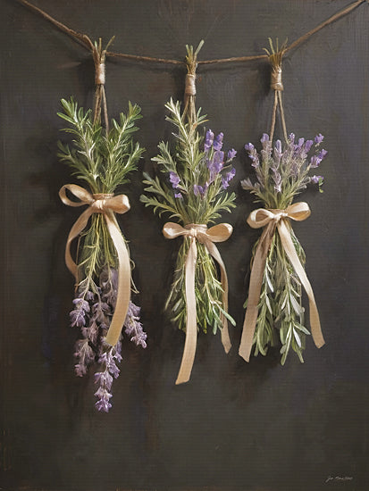 Jo Moulton JO318 - JO318 - Dried Herbs - 12x16 hanging herb bundles, lavender sprigs, rosemary bunches, botanical garland, twine and ribbon bows, dried herbs, rustic kitchen decor, dark wall background, farmhouse greenery, herbal still life, soft purple flowers, cottage garden harvest, painterly texture, vintage botanical arrangement from Penny Lane