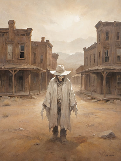 Jo Moulton JO363 - JO363 - Ghost Town - 12x16 ghost cowboy, western ghost town, abandoned buildings, desert street, spooky western, halloween western, skeletal face, wide brim hat, dusty atmosphere, sepia tones, eerie solitude, cinematic mood, frontier town, haunted landscape, painterly haze from Penny Lane