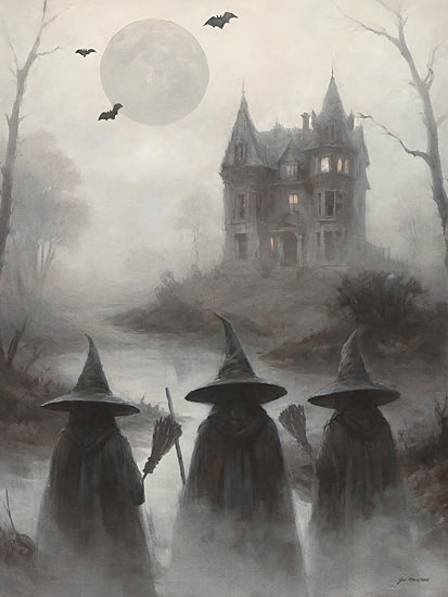 Jo Moulton JO364 - JO364 - Moon Bay Mansion - 12x16 witches silhouettes, witch hats, haunted mansion, gothic house, foggy night, full moon, bats flying, spooky landscape, eerie mist, halloween scene, dark fairytale, mysterious path, haunted swamp, moody atmosphere, painterly style from Penny Lane