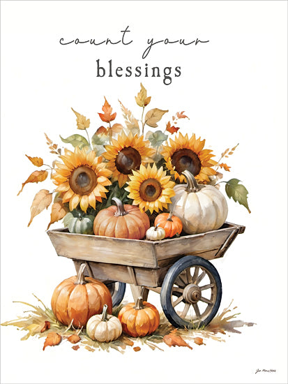 Jo Moulton JO375 - JO375 - Count Your Blessings - 12x16 autumn harvest wagon, pumpkins and sunflowers, rustic wooden cart, fall floral arrangement, thanksgiving decor, farmhouse style, seasonal still life, watercolor illustration, orange pumpkins, white pumpkin, cozy country theme, neutral background, harvest celebration, home decor sign, inspirational quote from Penny Lane
