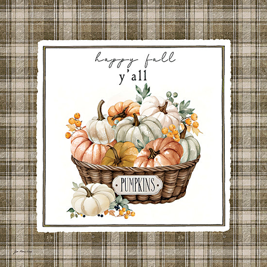 Jo Moulton JO378 - JO378 - Happy Fall Y'all - 12x12 happy fall y'all, pumpkins, pumpkin basket, harvest, autumn decor, farmhouse style, watercolor illustration, orange pumpkins, white pumpkins, sage green pumpkins, fall berries, leaves, rustic, seasonal greeting, cozy, country, neutral tones, plaid background, home decor sign from Penny Lane