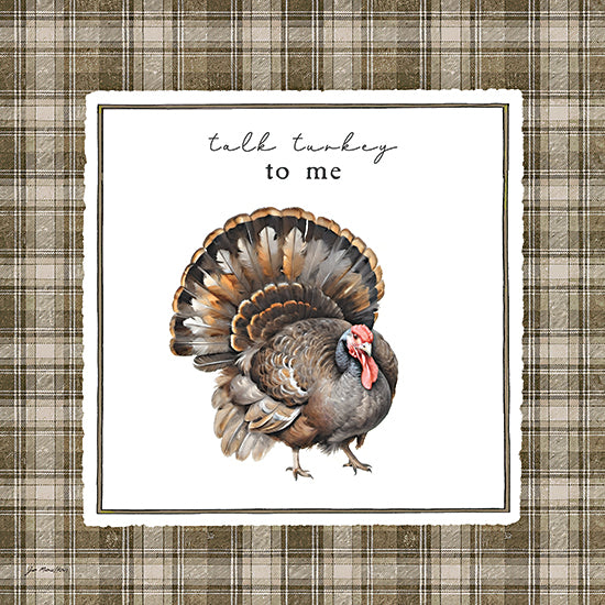Jo Moulton JO379 - JO379 - Talk Turkey - 12x12 talk turkey to me, turkey, thanksgiving humor, fall holiday, bird, gobbler, feathers, rustic, farmhouse decor, watercolor style, plaid background, funny phrase, seasonal sign, autumn, country, neutral green tones, greeting from Penny Lane