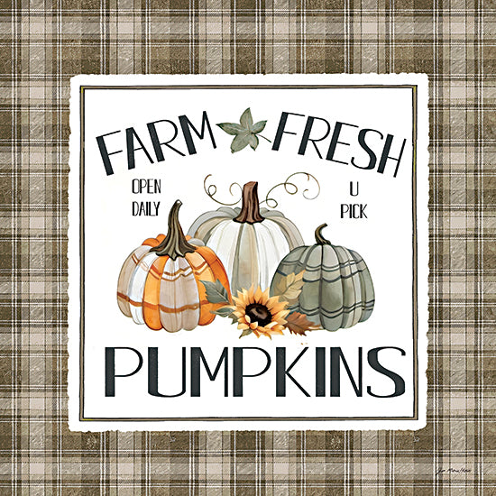 Jo Moulton JO380 - JO380 - Farm Fresh Pumpkins - 12x12 farm fresh pumpkins, open daily, u pick, pumpkin patch sign, autumn harvest, fall decor, farmhouse sign, rustic typography, pumpkins illustration, sunflower, leaves, neutral plaid background, country market, seasonal wall art from Penny Lane