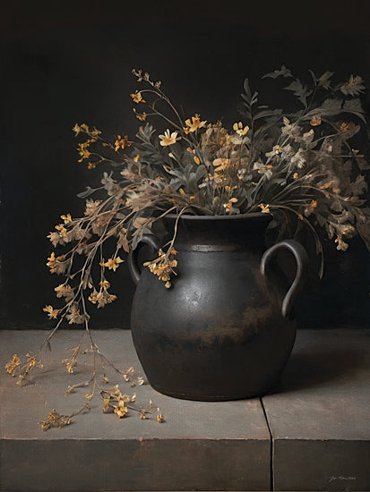 Jo Moulton JO381 - JO381 - As the Season Turns - 12x16 moody still life, black pottery vase, rustic crock, dried wildflowers, autumn florals, dark background, dramatic lighting, farmhouse decor, neutral tones, botanical arrangement, vintage style, fine art photography look, cozy, nature from Penny Lane
