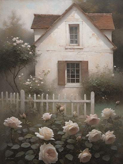Jo Moulton JO384 - JO384 - Quietude Cottage - 12x16 white cottage, rose garden, picket fence, blush roses, country home, shabby chic, romantic landscape, soft focus, painterly style, greenery, neutral tones, feminine, vintage cottagecore, garden path from Penny Lane