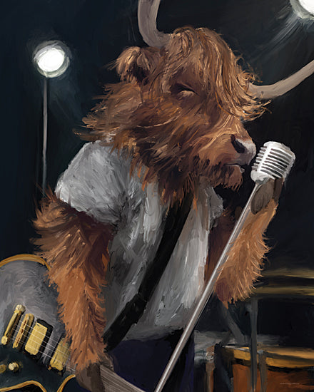 Kamdon Kreations KAM1076 - KAM1076 - The Highland Anthem - 12x16 highland cow singing, musician, microphone, electric guitar, stage light, rock concert, moody lighting, brown shaggy fur, animal portrait, humorous, masculine, contemporary, brush strokes, music theme from Penny Lane