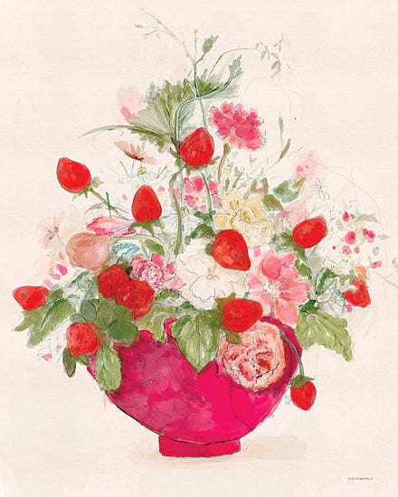 Kamdon Kreations KAM1080 - KAM1080 - The Strawberry Bloom    - 12x16 strawberries and flowers arrangement, pink bowl vase, fruit and floral still life, watercolor, spring bouquet, strawberries, peonies, garden blooms, feminine, bright, kitchen decor, food and drink, cottage style from Penny Lane