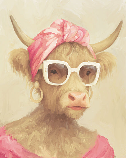 Kamdon Kreations KAM1104 - KAM1104 - Pink Highland Hepburn - 12x16 animals, fashion, figurative, farm animals, stylized animals, cow, longhorn, headscarf, sunglasses, earrings, lipstick, portrait, whimsical, feminine, acrylic, pink from Penny Lane