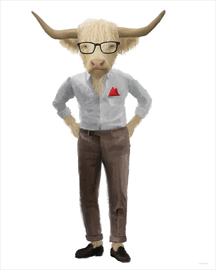 Kamdon Kreations KAM1106 - KAM1106 - Pasture to Parisian 2 - 12x16 highland cow, anthropomorphic cow, long horns, glasses, button down shirt, red pocket square, brown pants, masculine style, character portrait, minimalist white background, whimsical animal from Penny Lane