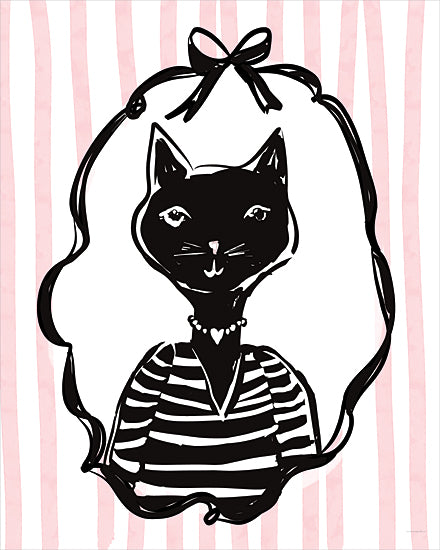 Kamdon Kreations KAM1107 - KAM1107 - Meow de la Mode - 12x16 black cat portrait, bow headband, striped shirt, pink vertical stripes background, whimsical cat, feminine, black and white illustration, decorative frame, cute character, nursery art from Penny Lane