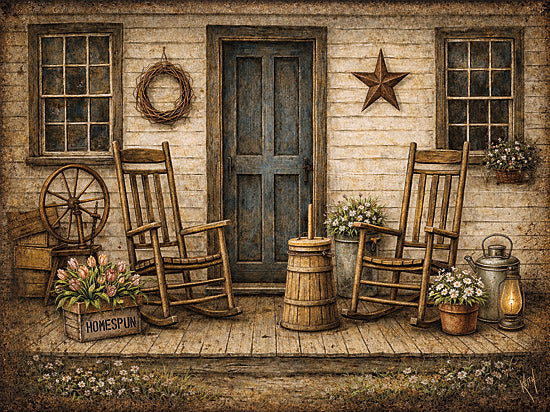Keith Bowman KB105 - KB105 - Grandma's Porch - 16x12 rustic front porch, rocking chairs, wooden door, star wall decor, homespun crate, flowers in pots, lantern and watering can, primitive country porch, farmhouse entry, vintage rustic decor, folk art texture, cozy home exterior, cottage porch scene, neutral brown palette from Penny Lane