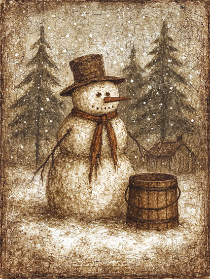 Keith Bowman KB163 - KB163 - Winter Walk - 12x16 holidays & seasonal, landscape, winter, christmas, trees, snowman, snow, cabin, pine, winter scene, vintage, folk art, ink drawing, brown from Penny Lane