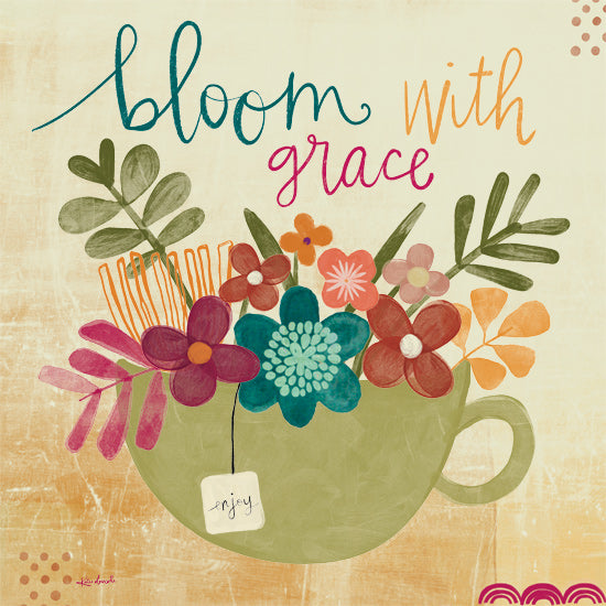 Katie Doucette KD261 - KD261 - Bloom with Grace - 12x12 bloom with grace, floral teacup bouquet, inspirational quote, bright spring flowers, whimsical mug arrangement, colorful feminine palette, hand-lettered phrase, cheerful folk art, uplifting garden art, tea cup flowers from Penny Lane