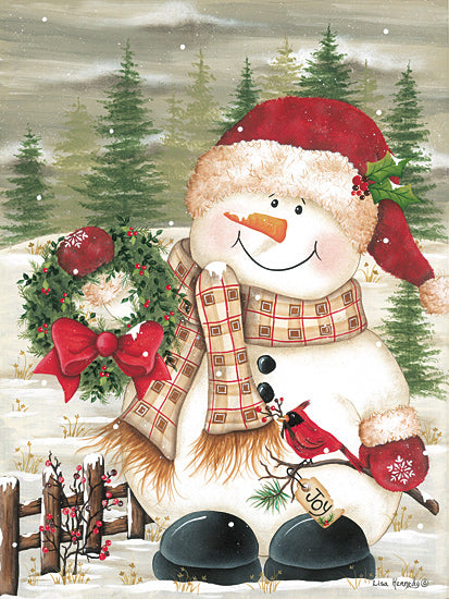 Lisa Kennedy KEN1350 - KEN1350 - Snowman's Wreath - 12x16 snowman with wreath and cardinal, Santa hat and plaid scarf, snowy evergreen background, joyful winter character, holiday greeting style art, whimsical Christmas decor, festive red and green palette, nostalgic seasonal painting from Penny Lane
