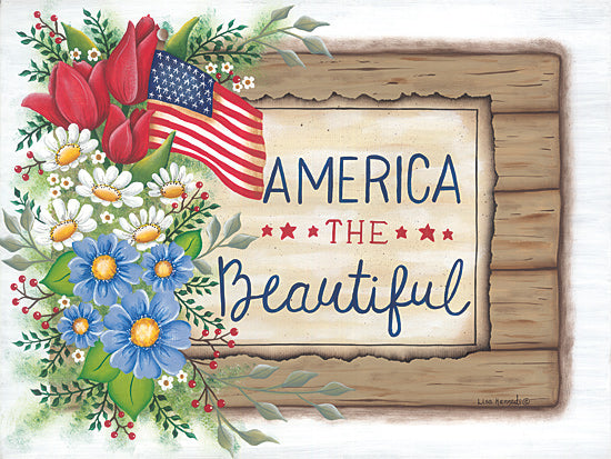 Lisa Kennedy KEN1354 - KEN1354 - America the Beautiful - 16x12 America the Beautiful patriotic flag flowers typography americana from Penny Lane