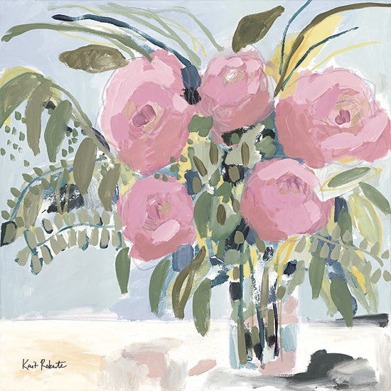 Kait Roberts KR898 - KR898 - It's a Beautiful Day - 12x12 pink ranunculus bouquet, glass vase, pale blue background, airy floral arrangement, contemporary floral art, loose painterly brushwork, soft pastel flowers, still life painting, feminine decor, delicate greenery, romantic wall art, light and fresh composition from Penny Lane