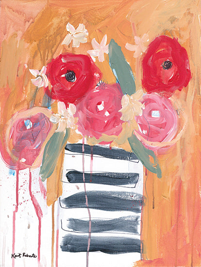 Kait Roberts KR904 - KR904 - Believe - 12x16 red and pink flowers, striped vase, warm peach background, drips, modern floral painting, expressive bouquet, contemporary still life, painterly texture, bold petals, feminine decor, decorative wall art, loose abstract flowers, energetic brushwork from Penny Lane