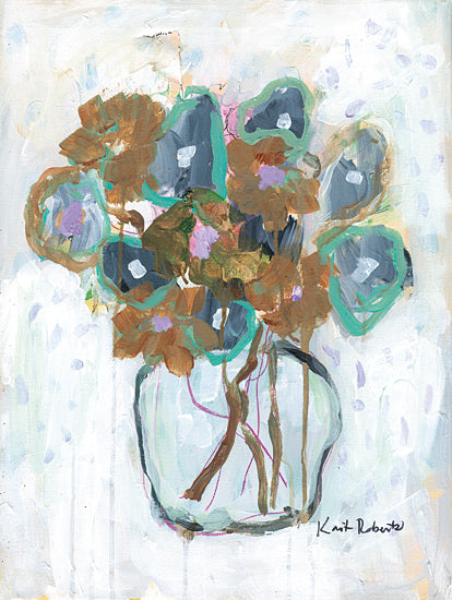 Kait Roberts KR914 - KR914 - The Silver Lining - 12x16 neutral floral arrangement, brown flowers, pale aqua leaves, glass jar vase, abstract bouquet, soft muted palette, contemporary still life, painterly brush strokes, airy wall art, neutral decor, delicate florals, organic composition, subtle texture from Penny Lane