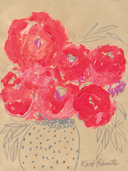 Kait Roberts KR928 - KR928 - Smile - 12x16 blue outline bouquet, coral painted flowers, abstract vase arrangement, modern botanical sketch, expressive floral line art, red orange petals, purple leaf accents, whimsical still life, contemporary flower illustration, playful hand drawn stems, decorative floral print, airy composition, artistic bouquet drawing, feminine wall decor, mixed media floral art, modern colorful bouquet from Penny Lane