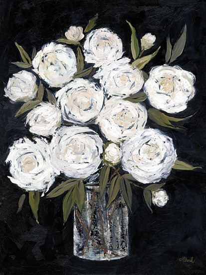 Kate Sherrill KS212 - KS212 - Perennial Flourish - 12x16 white roses bouquet, glass jar, dark background, soft brush strokes from Penny Lane