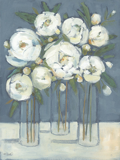 Kate Sherrill KS256 - KS256 - Peonies in Bloom    - 12x16 white peonies, glass vases, floral still life, modern farmhouse decor, soft blue background, painterly brush strokes, contemporary floral art from Penny Lane