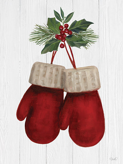 Kate Sherrill KS310 - KS310 - Vintage Christmas Mittens - 12x16 Christmas mittens, red mittens, winter mittens, holiday decor, holly leaves, holly berries, pine branches, evergreen, festive, rustic Christmas, white wood background, farmhouse decor, cozy winter, hand painted, seasonal wall art, holiday greenery, winter botanical, country Christmas, traditional Christmas, holiday illustration, painterly, brush strokes, rustic, neutral background, Christmas greenery, still life from Penny Lane