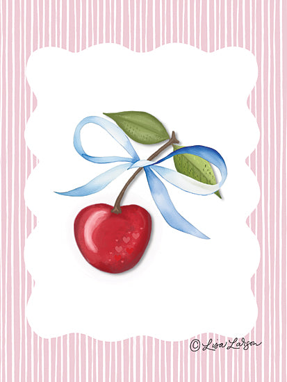 Lisa Larson LAR696 - LAR696 - Cherry Love II - 12x16 single cherry, blue ribbon bow, pink striped border, blank label frame, cute fruit illustration, whimsical, kitchen decor, feminine from Penny Lane