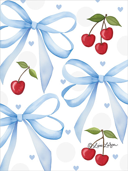 Lisa Larson LAR698 - LAR698 - Blue Bows and Cherries I - 12x16 blue bows pattern, cherries pattern, repeating wallpaper, hearts, cute fruit, decorative pattern, feminine, kitchen decor, modern from Penny Lane