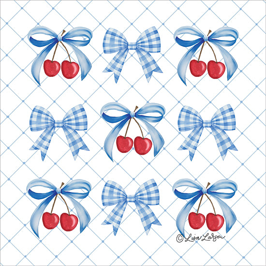 Lisa Larson LAR699 - LAR699 - Blue Bows and Cherries II - 12x12 blue ribbon bows, gingham bow, watercolor cherries, cherry pair, red cherries, cute fruit motif, repeating pattern, seamless pattern, light blue lattice background, nursery decor, kitchen decor, sweet summer fruit, hand painted style from Penny Lane