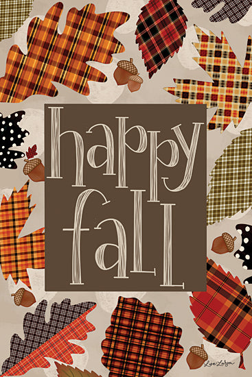 Lisa Larson LAR712 - LAR712 - Happy Fall Leaves - 12x18 autumn typography art, happy fall sign, plaid leaves and acorns, seasonal wall decor, rustic fall artwork, cozy country aesthetic, cheerful fall message from Penny Lane
