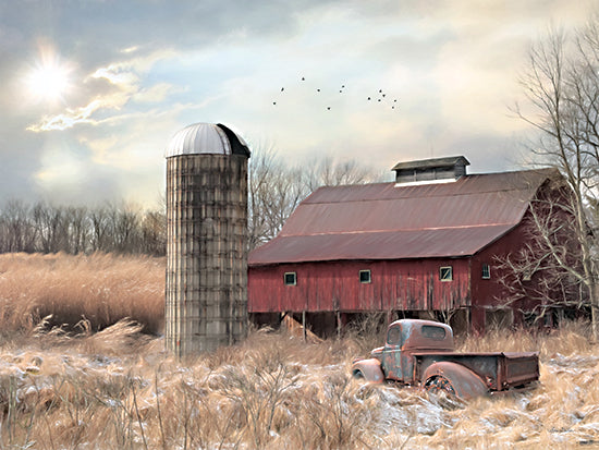 Lori Deiter LD2268 - LD2268 - The Spring Thaw - 16x12 rustic red barn, farm silo, old vintage pickup truck, abandoned truck, tall grass field, winter field, frosty meadow, rural countryside, cloudy sky, birds flying, painterly landscape, Americana farm scene, country nostalgia from Penny Lane