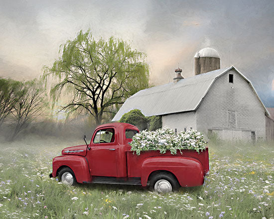 Lori Deiter LD2620 - LD2620 - Gather at the Farm   - 16x12 red vintage pickup truck, white barn, spring wildflowers, foggy morning, farm landscape, farmhouse, silo, willow tree, blooming flowers in truck bed, soft neutral tones, modern farmhouse decor, painterly countryside from Penny Lane