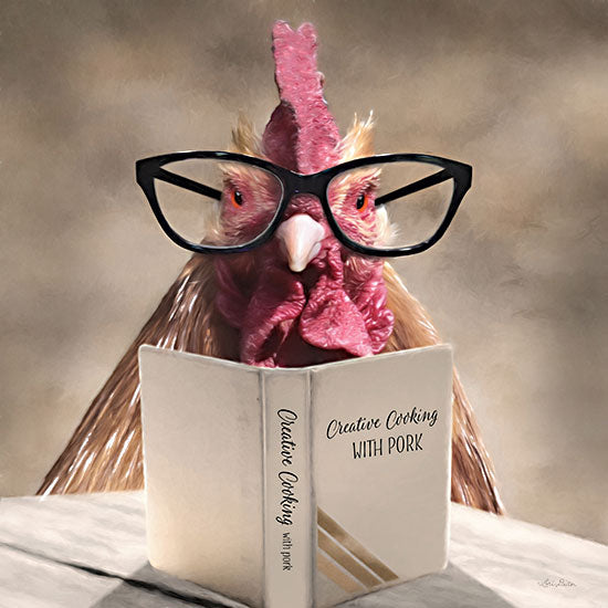 Lori Deiter LD2677 - LD2677 - Creative Cooking Chicken  - 12x12 funny chicken portrait, rooster wearing glasses, humor animal art, farm animal, quirky bird, reading cookbook, kitchen humor, whimsical farmhouse decor, close up animal, painterly digital art, creative cooking from Penny Lane