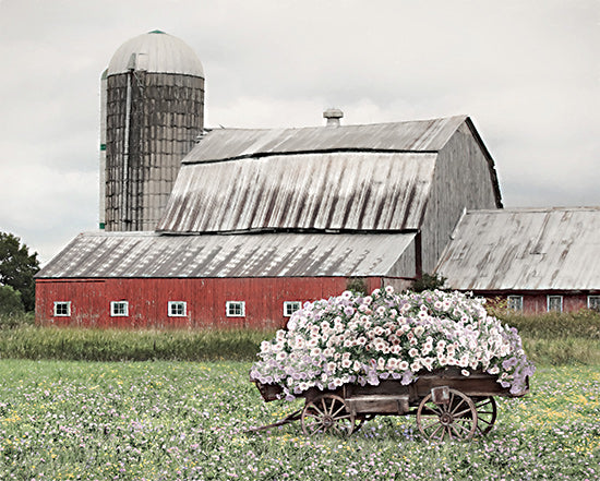 Lori Deiter LD2898 - LD2898 - Dexter Flower Wagon - 16x12 barn and silo, red barn, wagon full of flowers, spring field, rural farm landscape, wildflower meadow, soft muted tones, country scenery, floral wagon, Americana countryside, painterly farmhouse decor from Penny Lane
