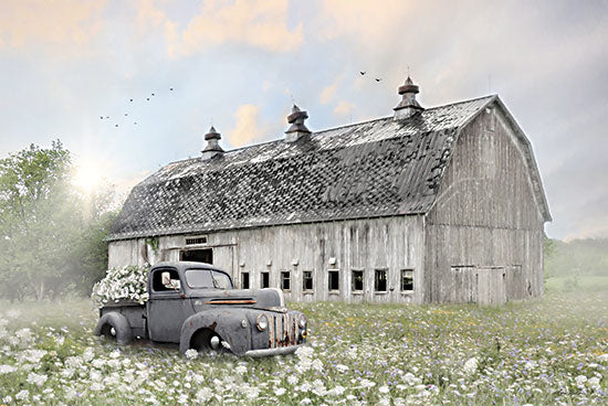 Lori Deiter LD3221 - LD3221 - Big Ole Barn - 18x12 old pickup truck, vintage truck, blue truck, rustic farm vehicle, wildflowers, white flowers, spring meadow, barn, weathered barn, gray barn, farm building, rural landscape, morning light, sun flare, birds flying, country scene, farmhouse style, pastoral, nostalgic, americana, transportation, nature, greenery, landscape, painterly, brush strokes from Penny Lane