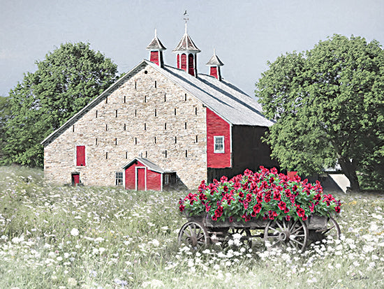 Lori Deiter LD3614 - LD3614 - Summer Beauty - 16x12 Photography, Farm, Barn, Stone Wall Barn, Wagon, Flowers, Red Flowers, Wildflowers, White Wildflowers, Trees, Landscape, Summer from Penny Lane