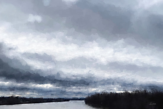 Lori Deiter LD3630 - LD3630 - Clouds on the River - 18x12 moody sky, dramatic clouds, river or lake, blue tones, foggy horizon, minimalist landscape, calm water, atmospheric, stormy weather, painterly brush strokes, tranquil nature scene from Penny Lane
