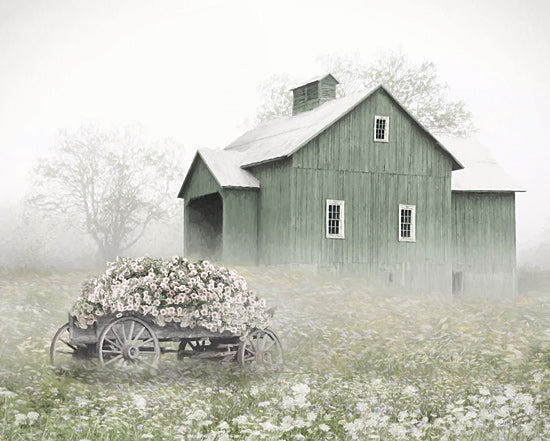 Lori Deiter LD3688 - LD3688 - Sweet Water Farm - 16x12 green barn, flower cart wagon, foggy meadow, spring wildflowers, rustic farm, country scene, soft mist, shabby chic, farmhouse decor, pastel palette, peaceful rural landscape, painterly from Penny Lane