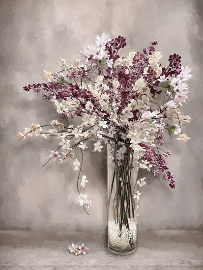 Lori Deiter LD3696 - LD3696 - Spring Blossoms - 12x16 purple and white lilac bouquet, glass vase, floral still life, spring blossoms, delicate petals, neutral gray background, romantic flower arrangement, soft painterly floral art, elegant botanical decor from Penny Lane