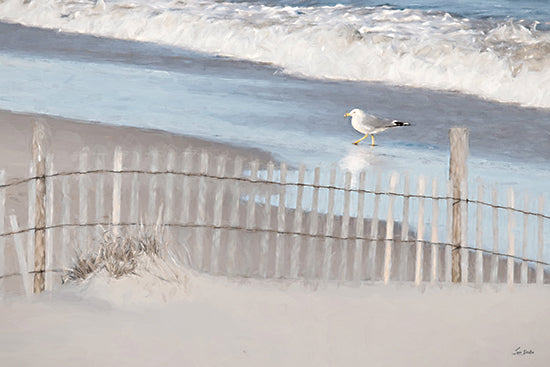 Lori Deiter LD3802 - LD3802 - Beachcomber - 18x12 seagull on beach, ocean waves, sandy shore fence, coastal winter scene, pale blue sea, seaside landscape, tranquil beach art, snowy dune fence look, soft painterly coastal decor, shorebird by surf from Penny Lane
