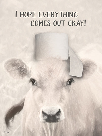Lori Deiter LD3816 - LD3816 - I Hope Everything Comes Out Okay! - 12x16 funny cow artwork, toilet paper humor, animal photography art, light background, comedic farmhouse decor, whimsical design, neutral tones, Lisa Deiter art from Penny Lane