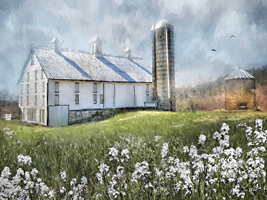 Lori Deiter LD3884 - LD3884 - Old Country Barn - 16x12 white barn, metal roof, tall silo, rural farm landscape, green pasture, white flowers foreground, painterly brush strokes, soft blue sky, rustic architecture, countryside, springtime, pastoral, modern farmhouse decor, serene farmstead, birds in flight from Penny Lane