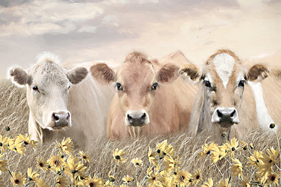 Lori Deiter LD3926 - LD3926 - Trio of Cows - 18x12 three cows, cow portrait, farm animals, cattle, cream and tan cows, grazing, meadow, field, yellow wildflowers, prairie flowers, soft sky, clouds, countryside, rural landscape, pastoral, gentle animals, close up faces, rustic, serene, western vibe, painterly brush strokes, neutral palette, modern farmhouse decor from Penny Lane