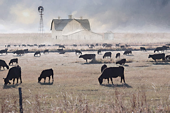 Lori Deiter LD3980 - LD3980 - A Day at the Ranch - 18x12 white barn, windmill, cattle herd, grazing cows, misty pasture, prairie farm, open field, soft blue sky, rural ranch scene, peaceful livestock, country landscape, wide pastoral view, muted painterly brushwork, farmhouse wall art, agricultural scenery from Penny Lane